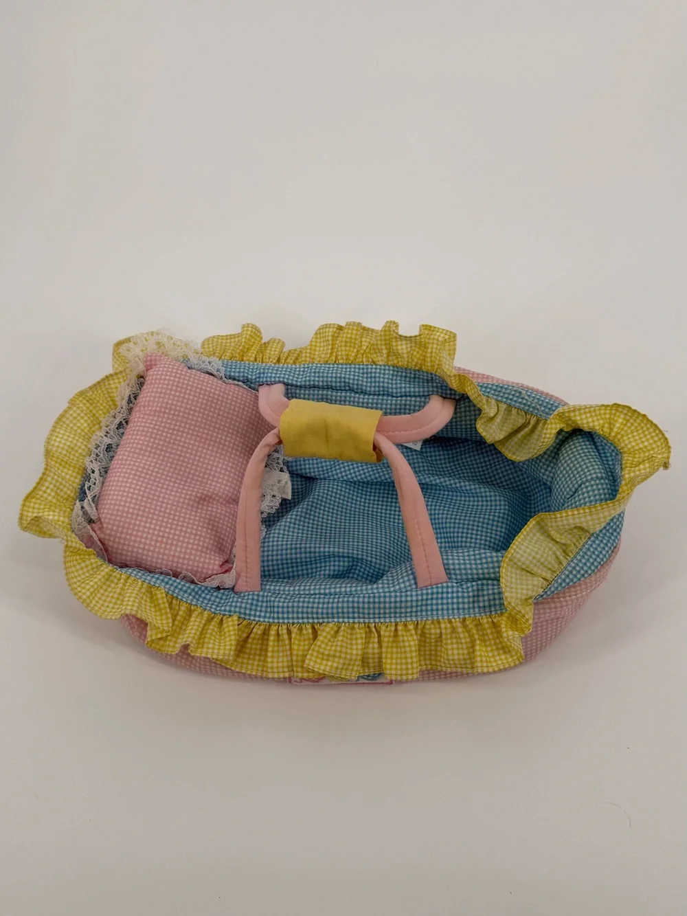Kids Multicolor Ruffled Doll Carrier Gingham Pink Blue Yellow Pretend Play Toy